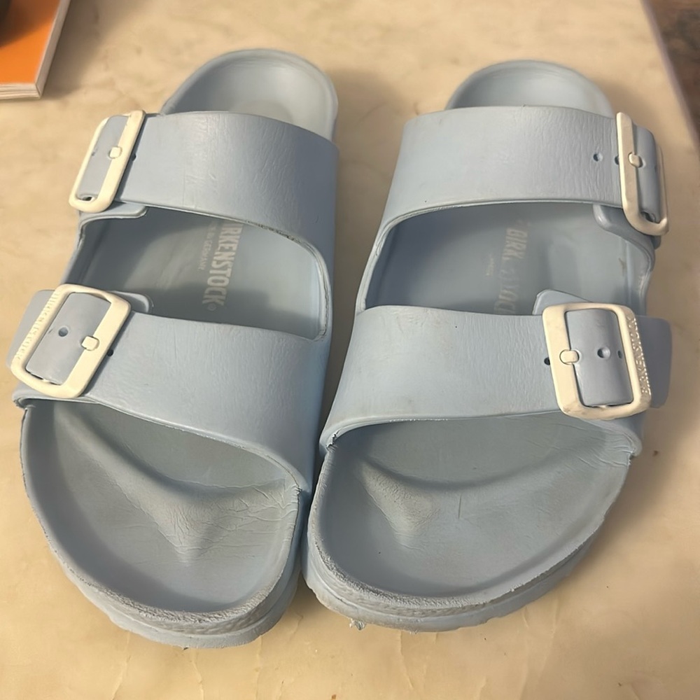 Like new Birkenstock Arizona EVA in rare baby blue with white buckles size 40